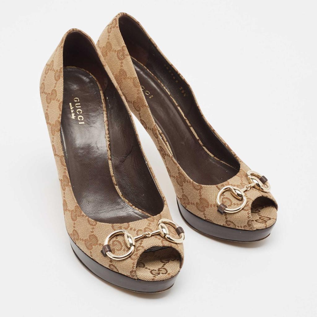 二手商品] Gucci Gucci Beige/Brown GG Canvas Horsebit Peep