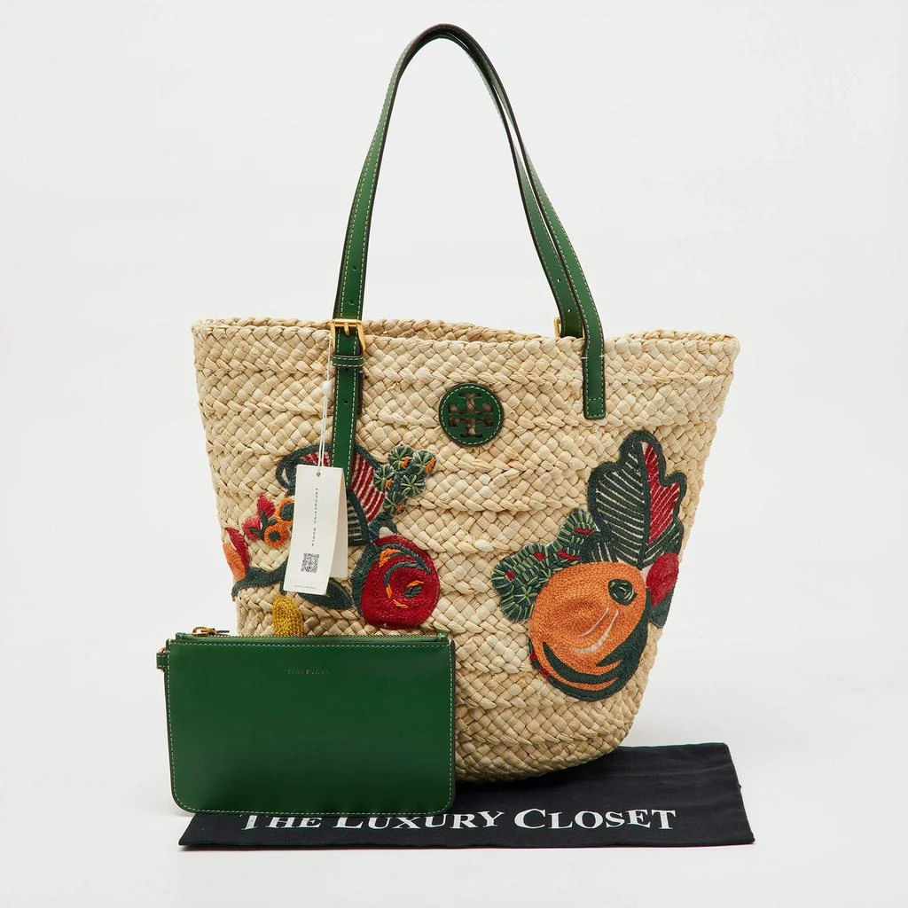 Tory Burch Tory Burch Beige/Green Woven Straw and Leather Embroidered Fruit Emerson Tote 9