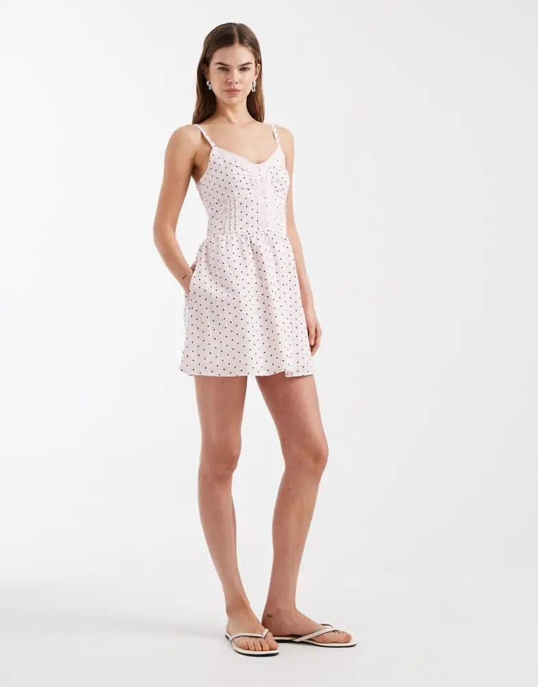 HOLLISTER Hollister strappy button front mini dress in pink polka dot 3