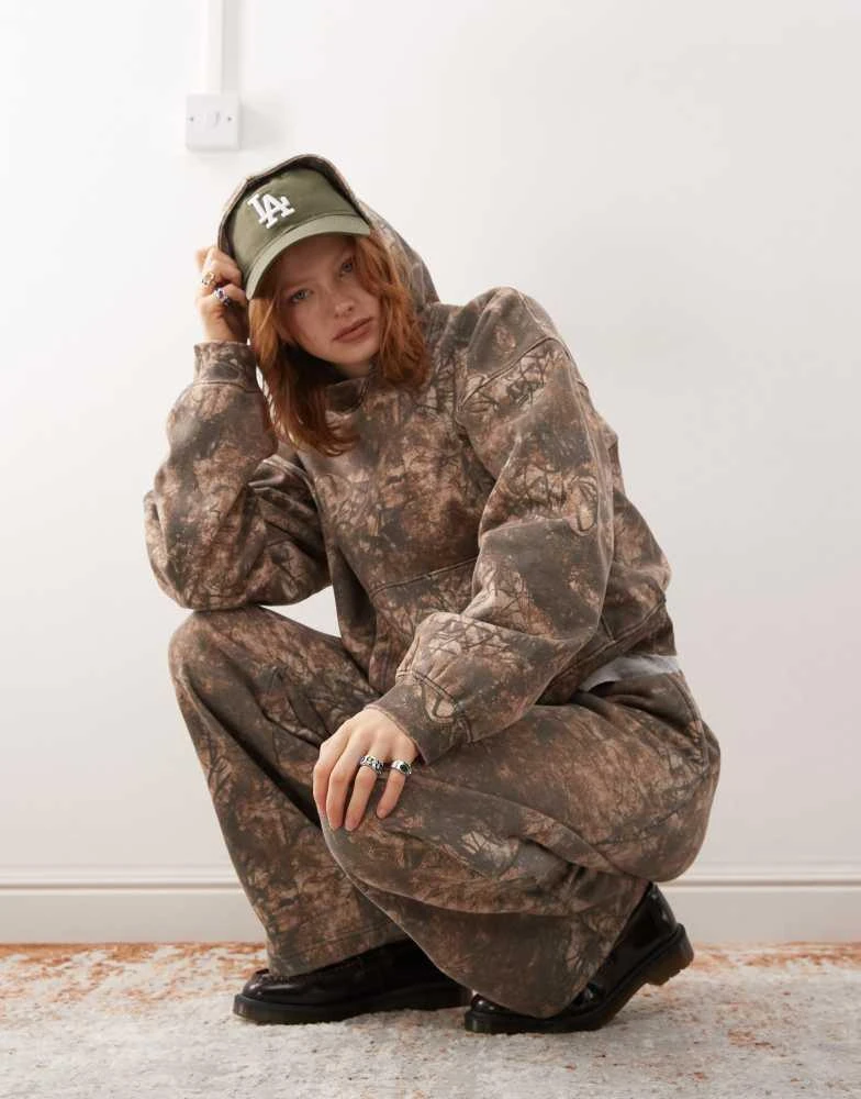 Weekday Weekday Carla co-ord oversized hoodie with distressed tie dye print in khaki 4