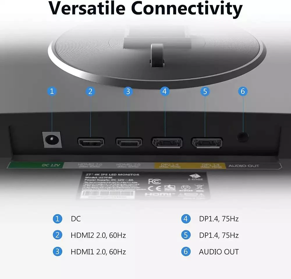 Z-EDGE U27P4K 27" Ultra HD 3840 x 2160 99% sRGB 75Hz 5ms IPS 4K Monitor, HDMI, DP, FreeSync, LED Backlit, Anti-Glare, Support Wall mount 9