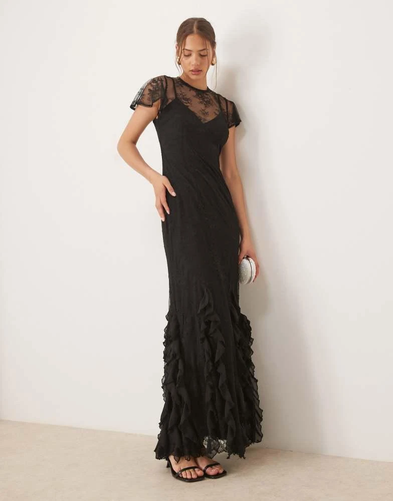 tie neck lace trim lantern sleeve corduroy dress Eugenia corduroy dress (New color) S / Black main image 0
