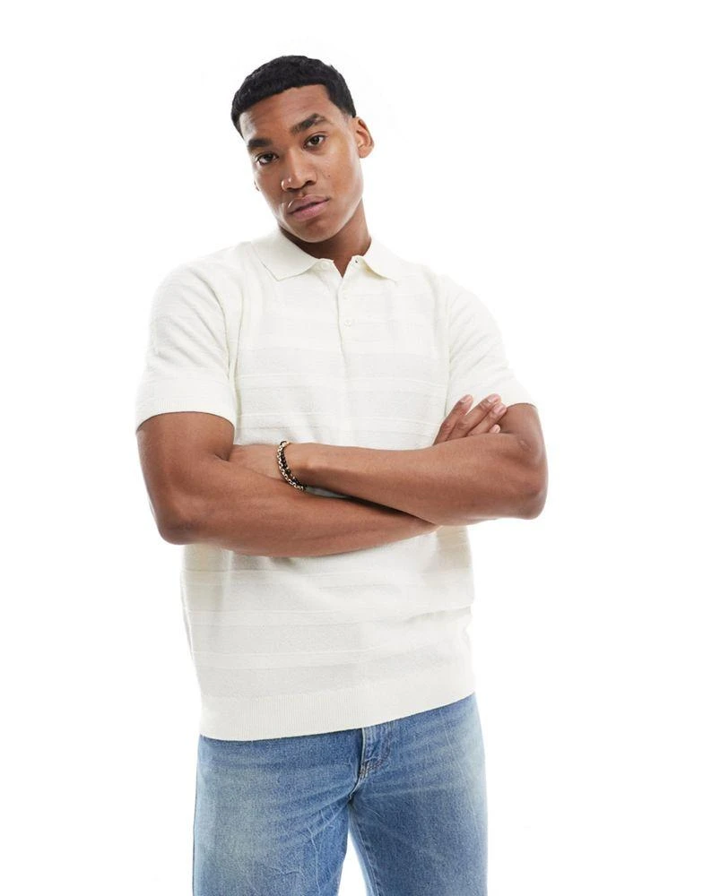 Threadbare Threadbare knitted stripe polo in ecru 1