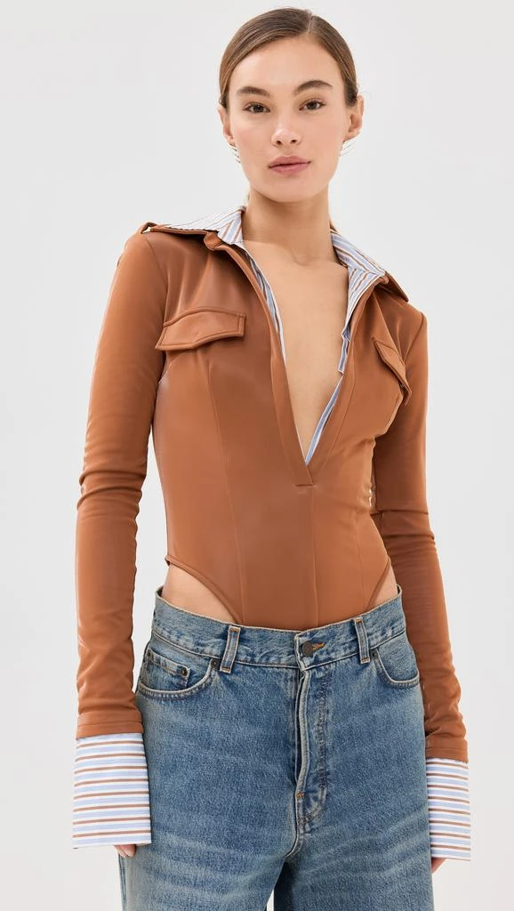 LaQuan Smith Long Sleeve Button Down Bodysuit with Poplin Dickie 6