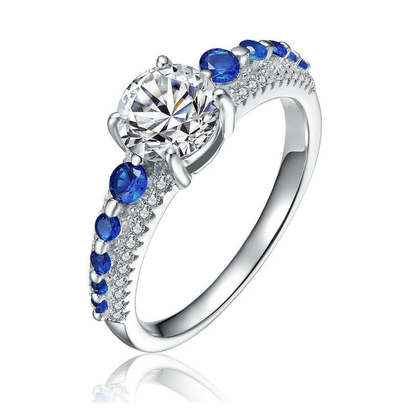 Genevive Sterling Silver White Gold Plated with Sapphire Blue Cubic Zirconia Engagement Ring