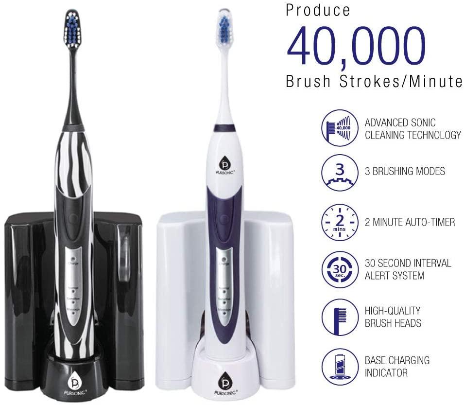 PURSONIC Ultra High Powered Sonic Electric Toothbrush with Dock Charger, 12 Brush Heads & More! (Value Pack)WHITE