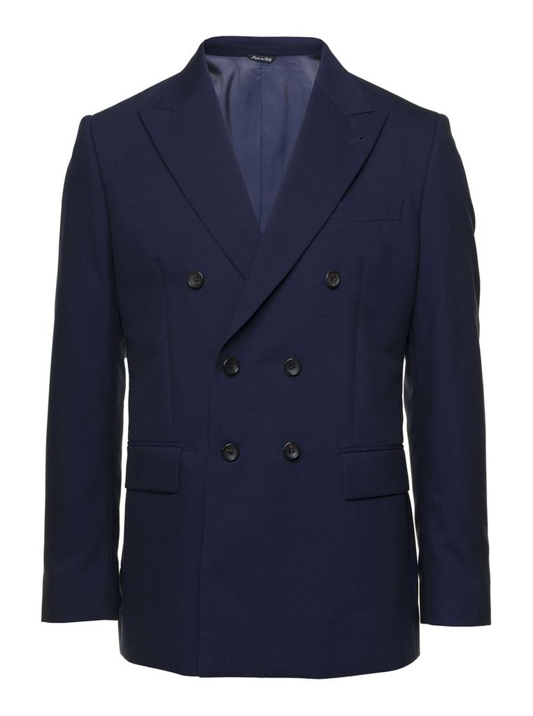 REVERES 1949 Blue Double-Breasted Blazer With Pointed Reverses In Wool And Cotton Blend Man