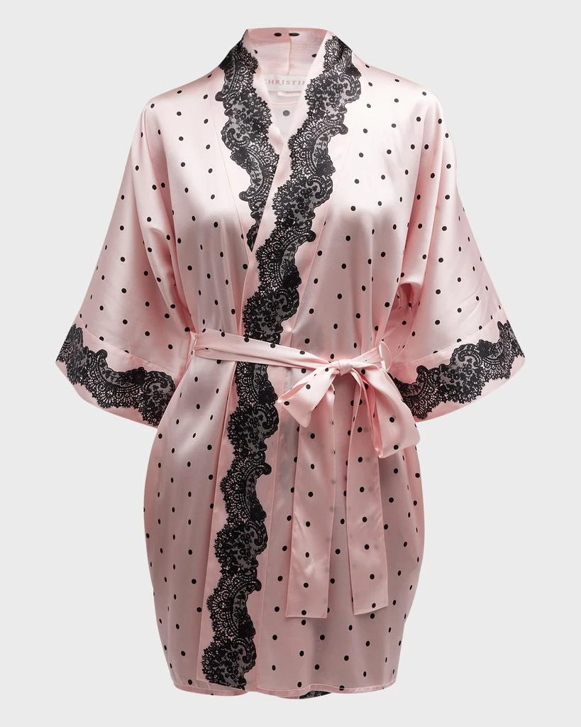 Christine Lingerie Polka-Dot Lace-Trim Short Silk Robe 1