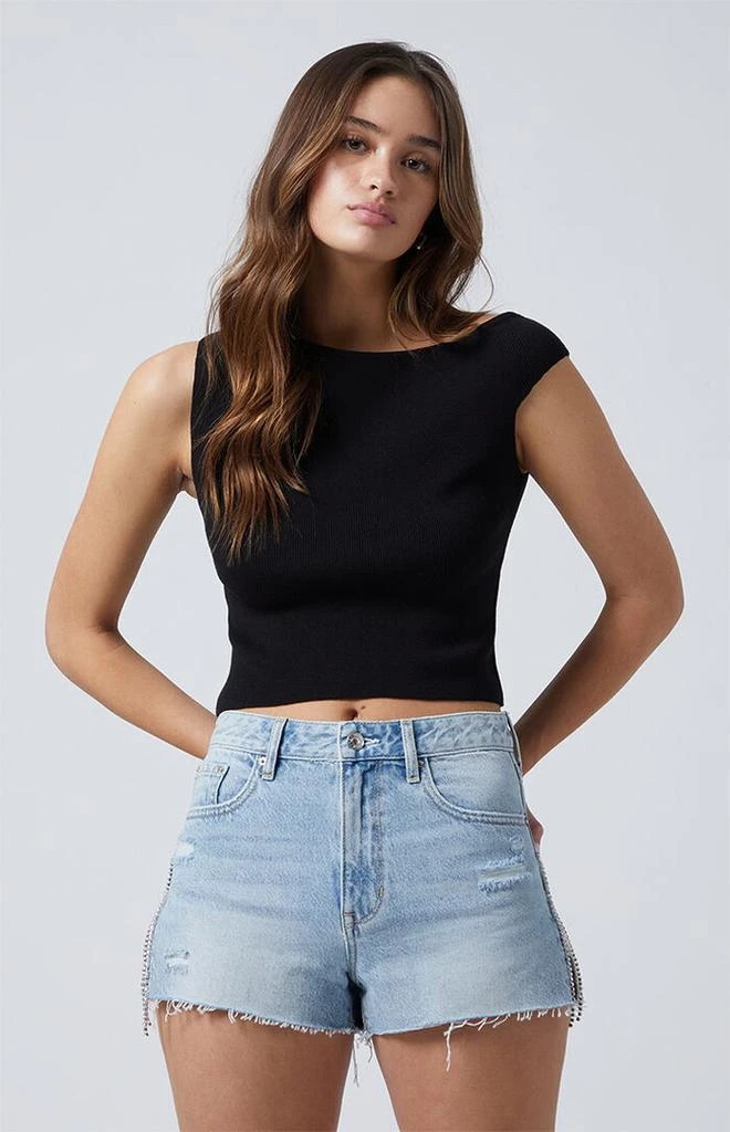 PacSun Light Indigo Rhinestone Fringe High Waisted Denim Festival Shorts 3