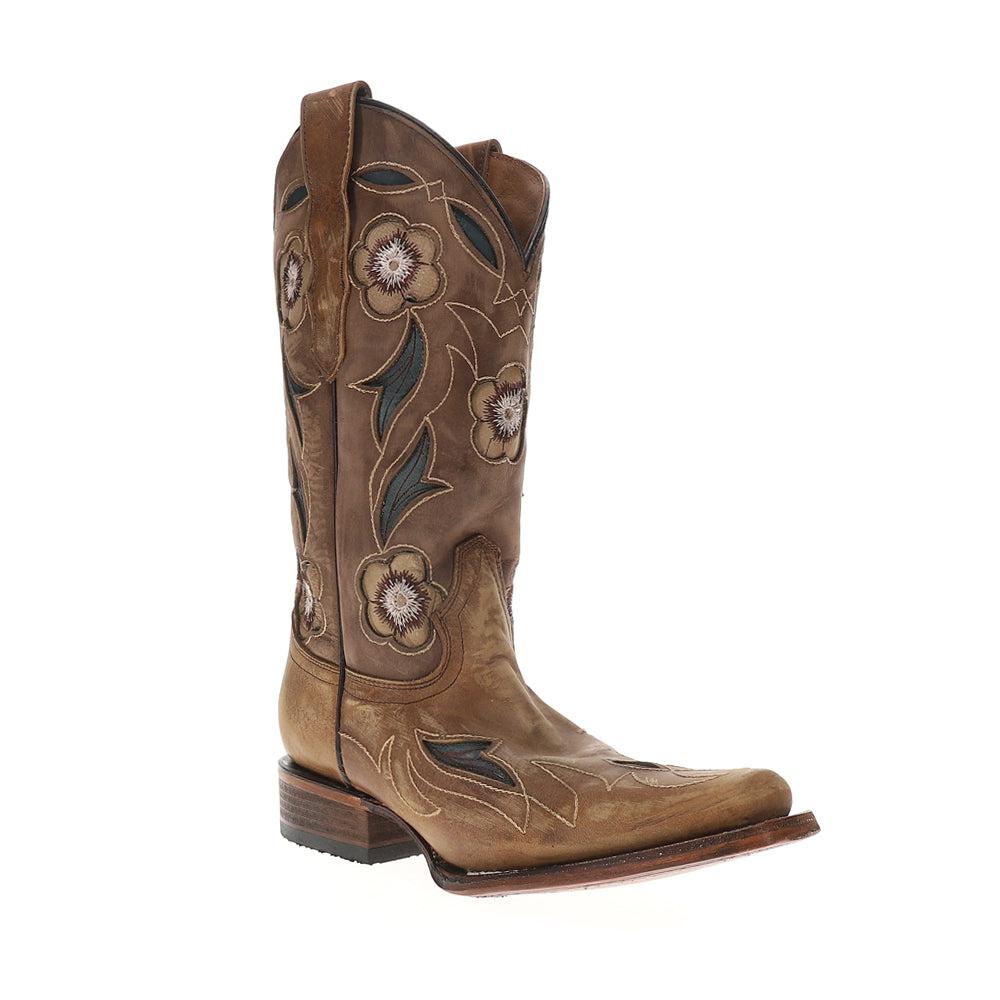 Circle G by Corral Sand Flower Inlay Embroidered Square Toe Pull On Cowboy Boots