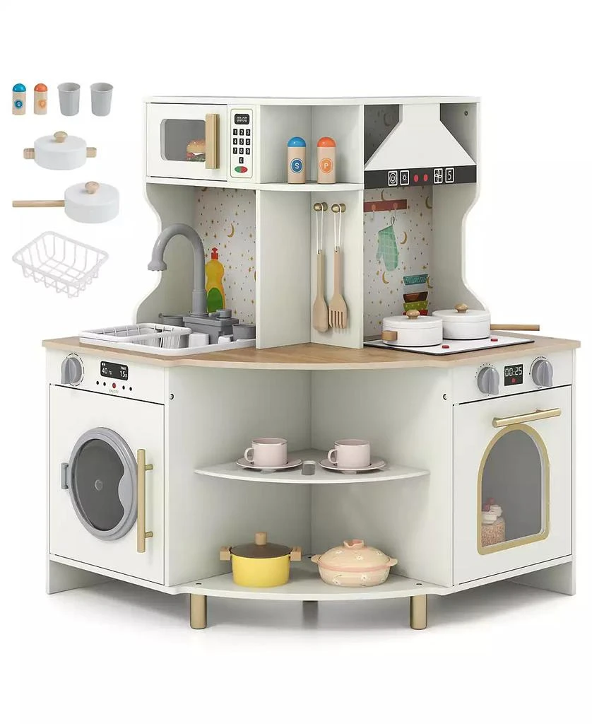 Mecale Kids Play Kitchen, Wooden Corner Kitchen Playset with Working Faucet 
Sink