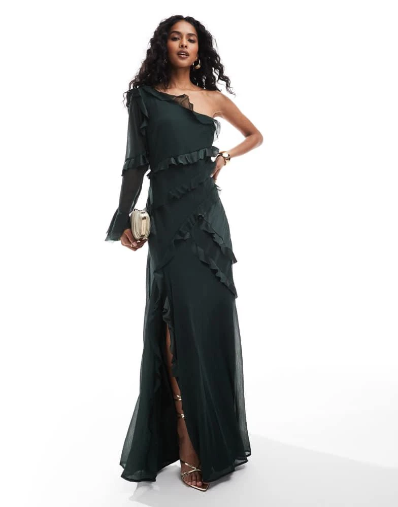 ASOS DESIGN one shoulder bias cut ruffle satin chiffon mix maxi dress in  forest green  On Sale Now with Up to 25% Off | Discover Exclusive Deals &  Savings at BeyondStyle