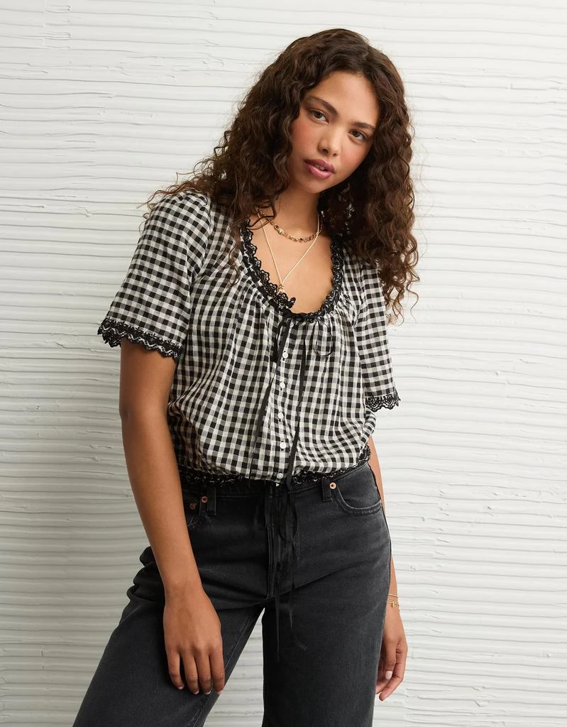 AE AE Short-Sleeve Gingham Button-Up Blouse 2