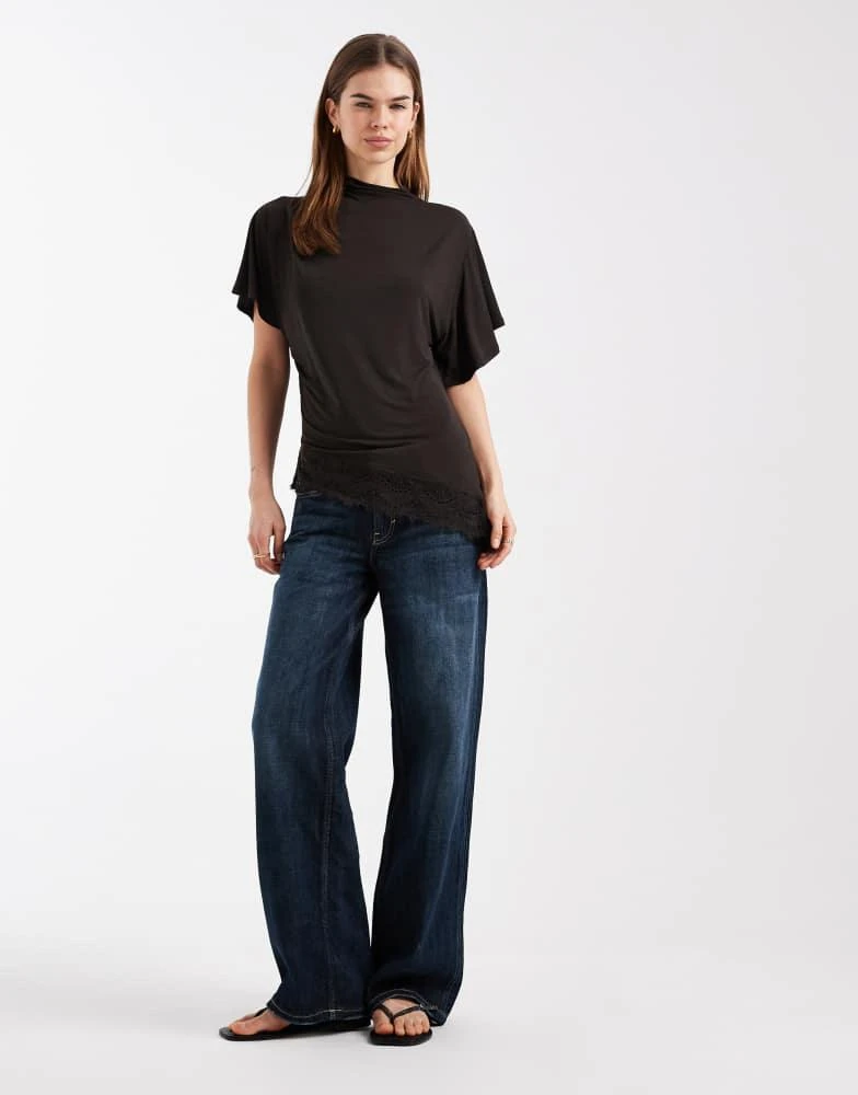 ASOS ASOS DESIGN short sleeve with high neck with lace trim top in brown 2