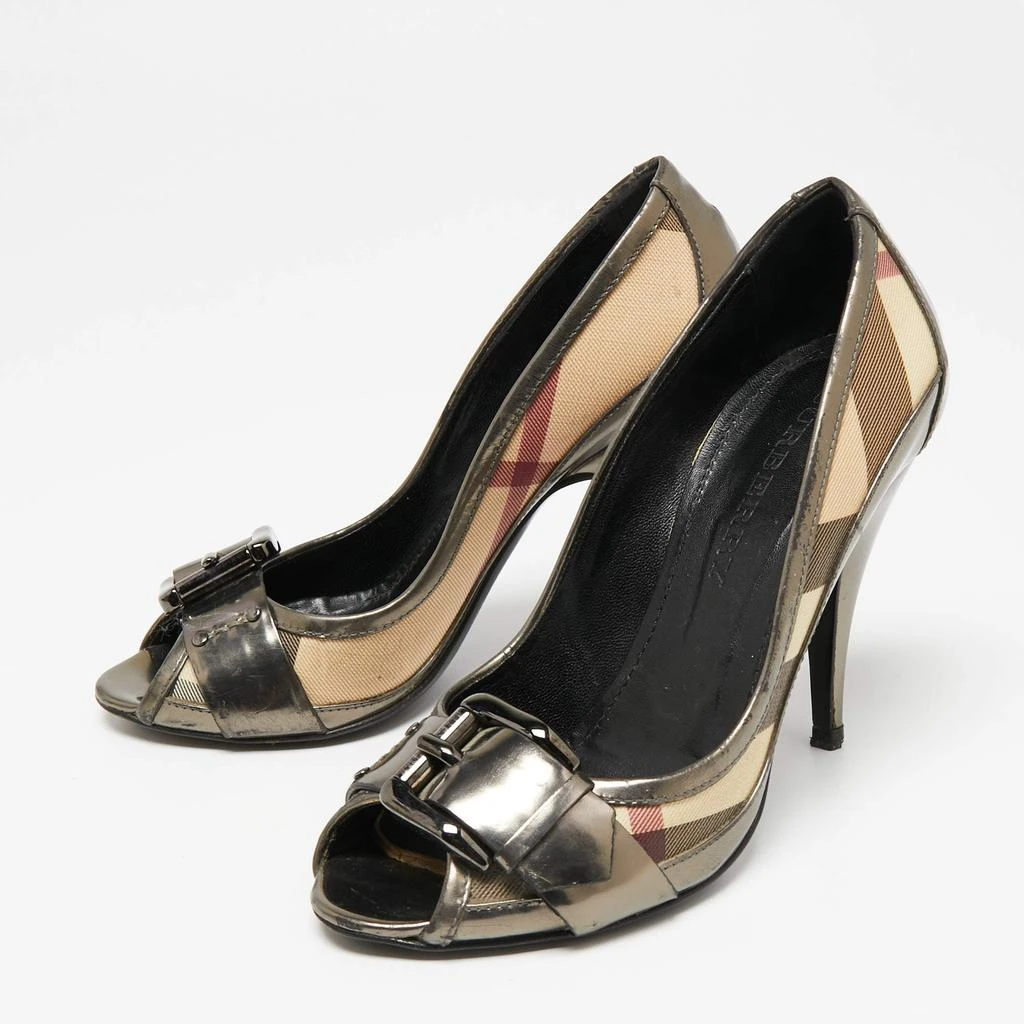 Burberry Burberry Metallic Grey Leather And House Check Canvas Buckle Peep Toe Pumps Size 37 2