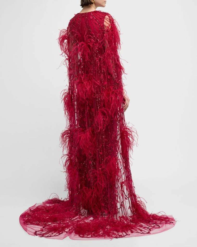 Pamella Roland Raspberry Sequined Feather-Trim Cape Column Gown 7