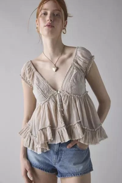 Kimchi Blue Kimchi Blue Izzy Lace Trim Button-Front Babydoll Blouse 1