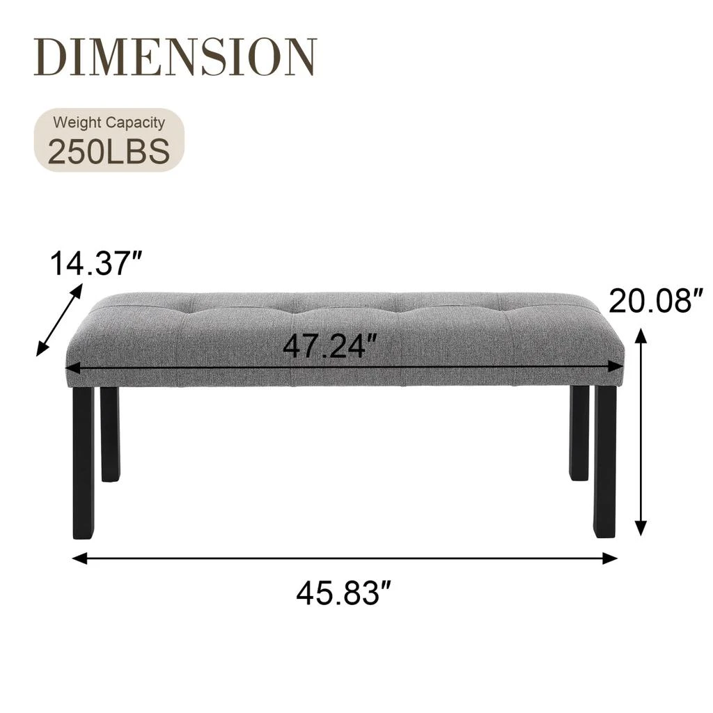 Streamdale Furniture Streamdale Modern Tufted Linen Dining Bench with Black Rubber Wood Legs, Gray 2