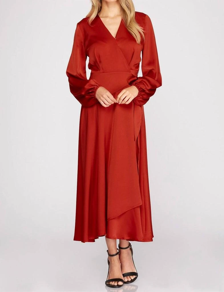 Shop She + Sky - Long Sleeve Maxi Satin Wrap Dress With Front Side Tie on  Sale at BeyondStyle  Get 33% Off She + Sky - Long Sleeve Maxi Satin Wrap