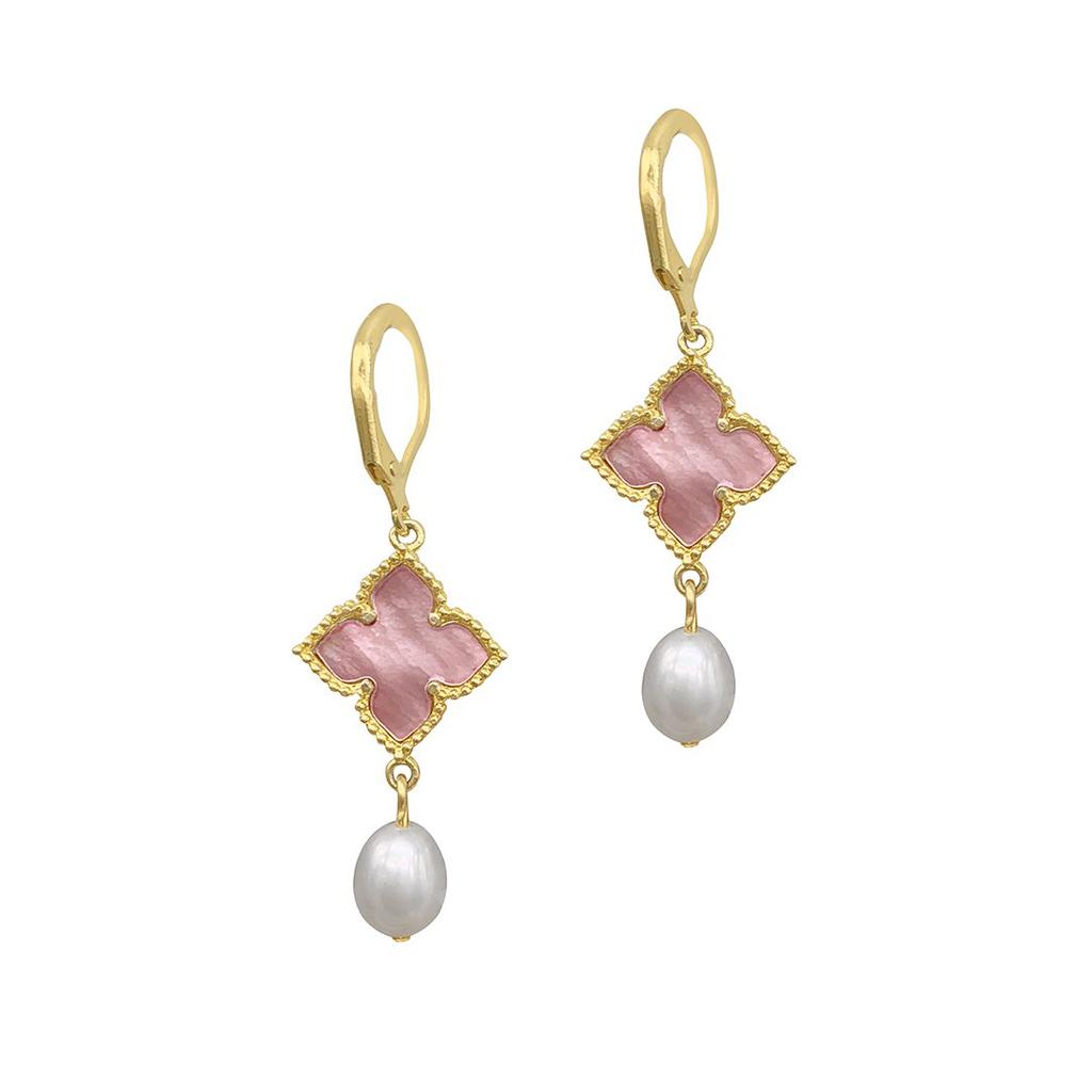 ADORNIA Floral and Pearl Drop Earrings Pink Mother of Pearl gold