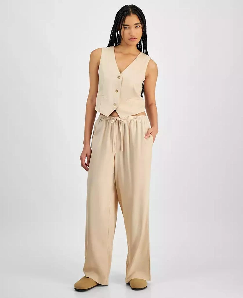 Hippie Rose Juniors' Striped Wide-Leg Drawstring Linen-Blend Pants 1