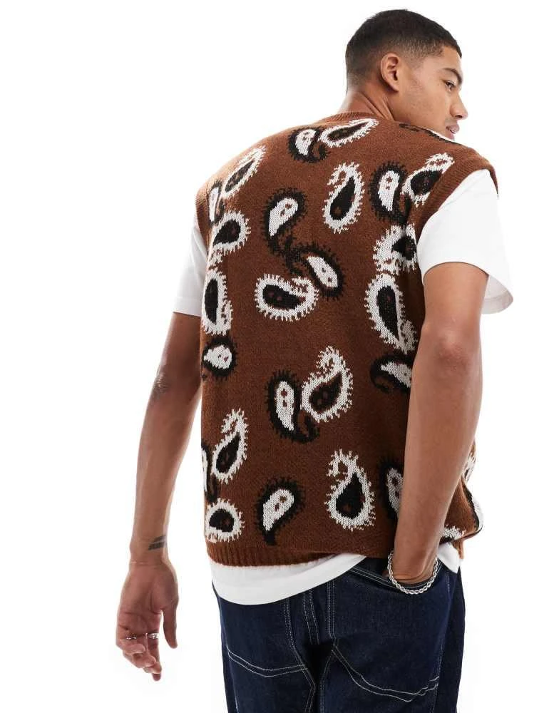 ASOS ASOS DESIGN relaxed knitted fluffy v-neck tank in brown paisley pattern 2