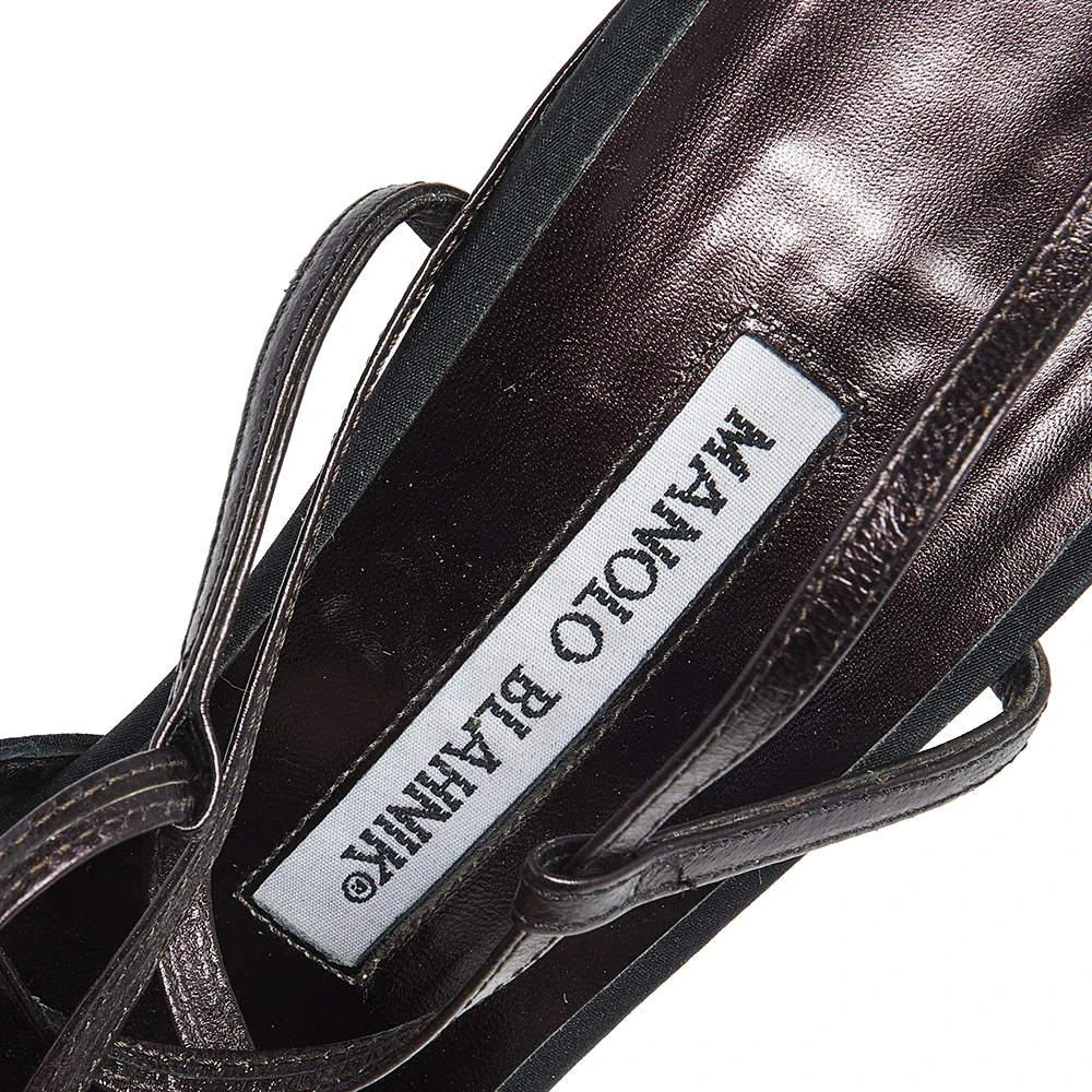 Manolo Blahnik Manolo Blahnik Black/Plum Satin and Leather Square Peep-Toe Ankle-Tie Sandals Size 38.5 7