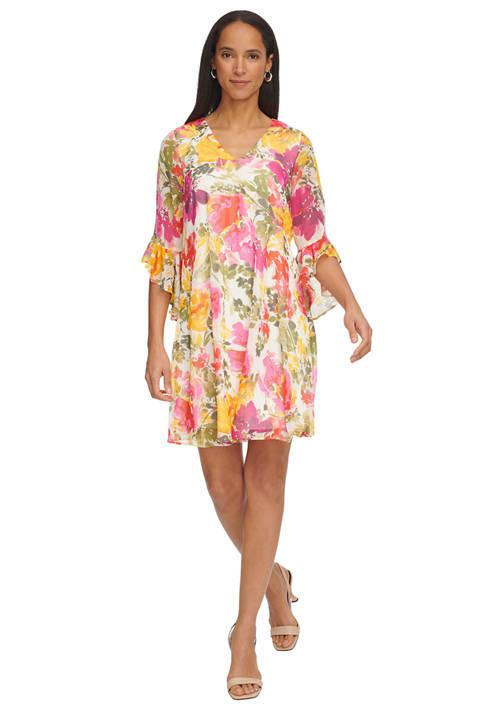 Calvin Klein Klein Womens Bell Sleeve Floral V Neck Dress Dresses Skirts BeyondStyle