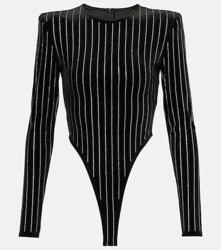 Alex Perry Crystal-embellished pinstripe velvet bodysuit 1