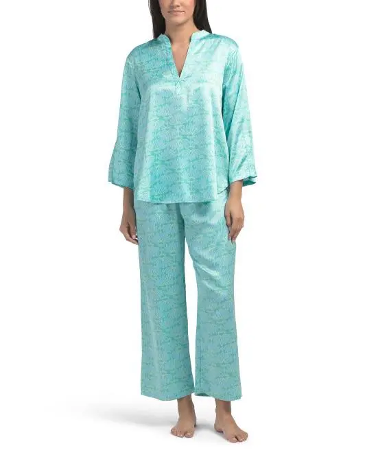 N NATORI 2pc Flourish Printed Satin Mandarin Pajama Set