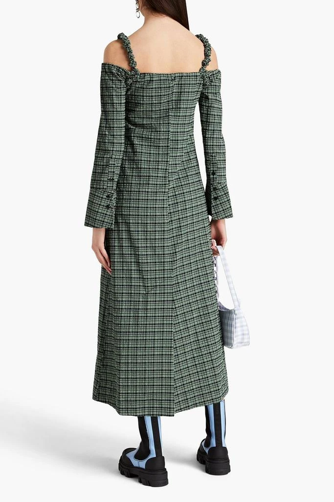 Ganni Cold-shoulder checked seersucker midi dress 3