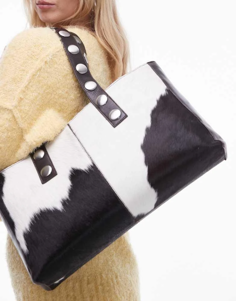Mango Mango studded strap leather cow print bag in brown 2