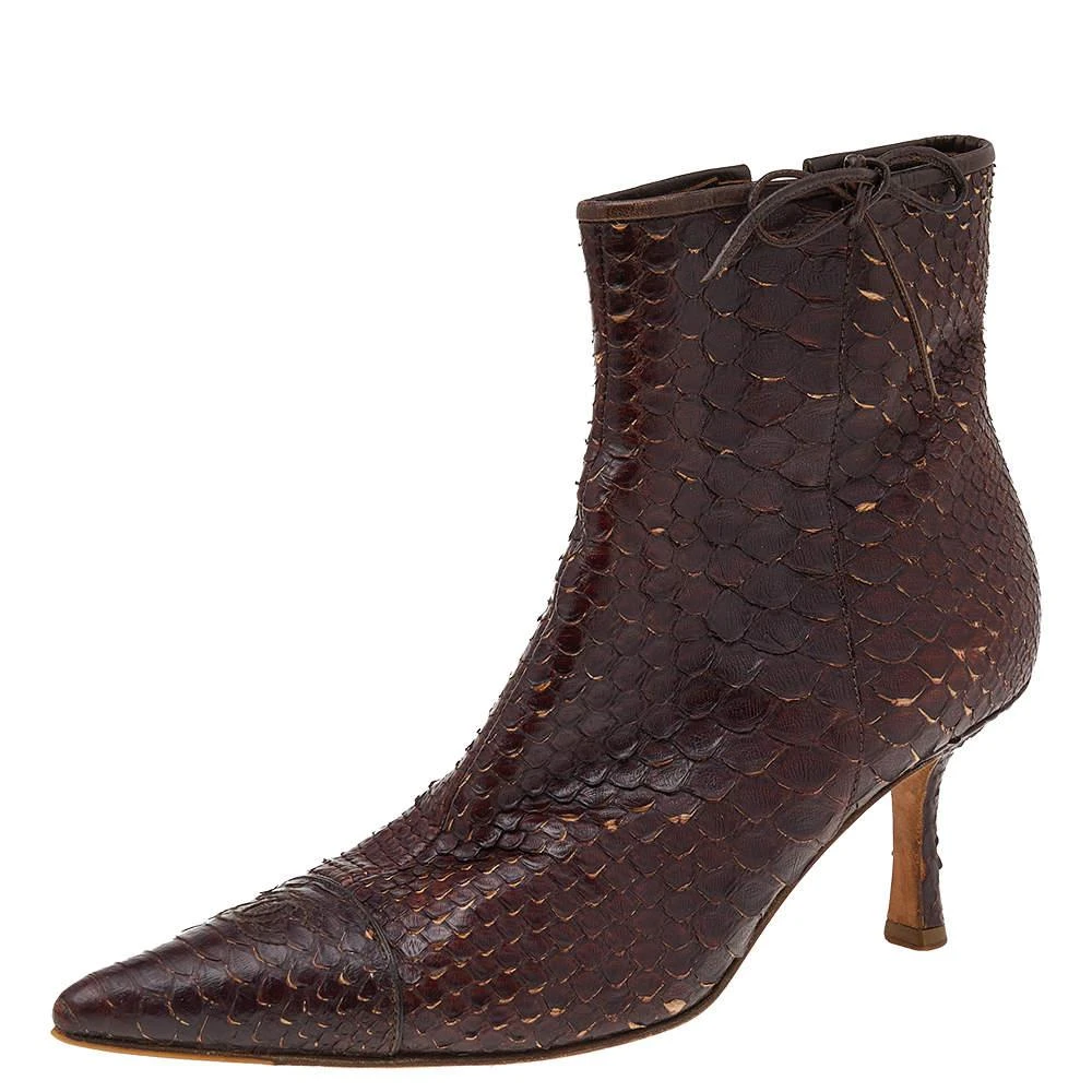 Chanel Chanel Dark Brown Python Leather Pointed Toe Ankle Length Boots Size 38.5 1