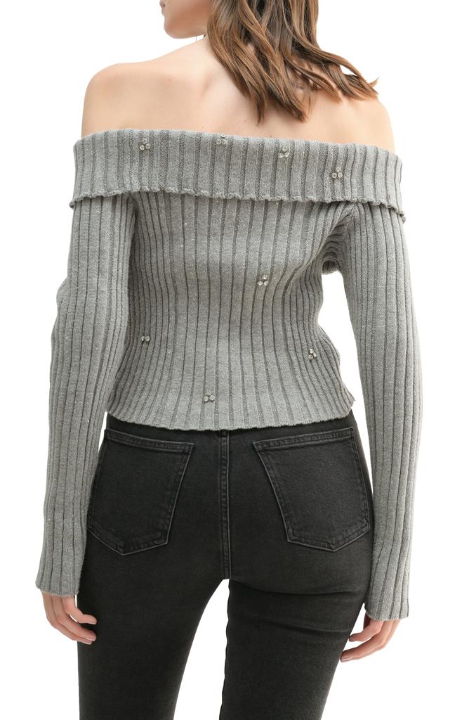 ALL IN FAVOR Rhinestone Off the Shoulder Rib Sweater