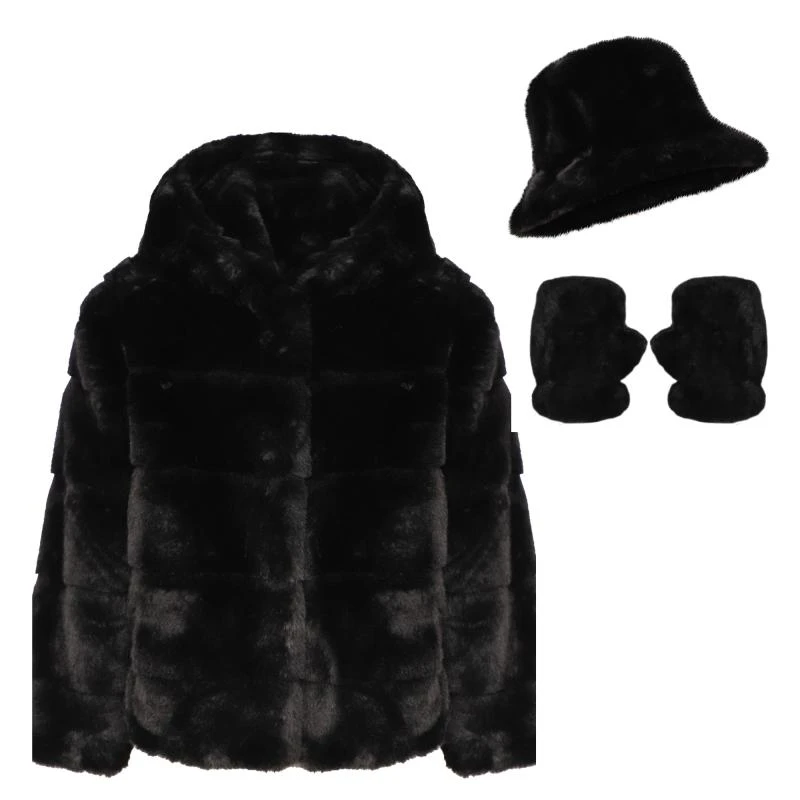 Apparis Goldie faux fur hooded jacket with side pockets bucket hat and half finger gloves set in black 1