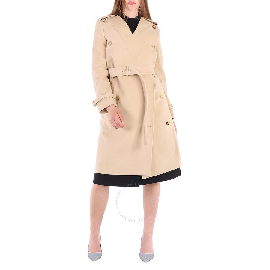 Burberry Ladies Soft Fawn Wool Cashmere V-Neck Double-Breasted Trench Coat 1