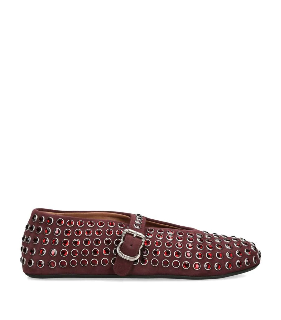 ALAIA 26S CROSS-STRAP FLATS IN PURPLE SUEDE WITH SILVER HARDWARE