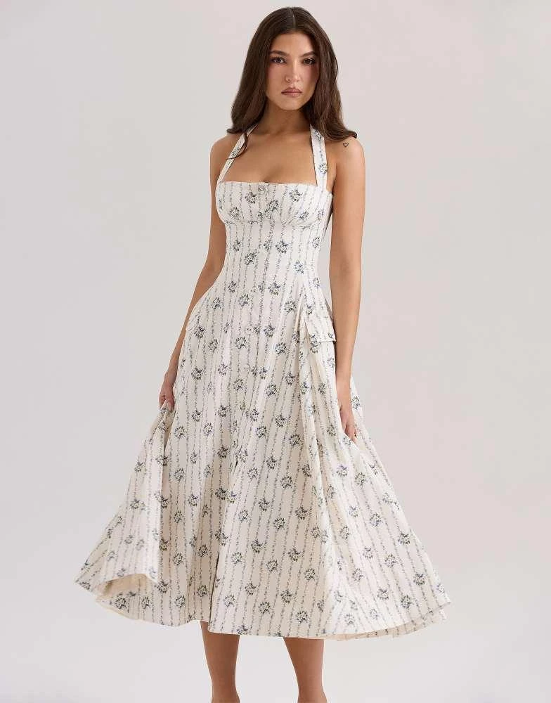 House of CB House of CB Claudia stretch cotton halter neck midi dress in cream daisy print 1