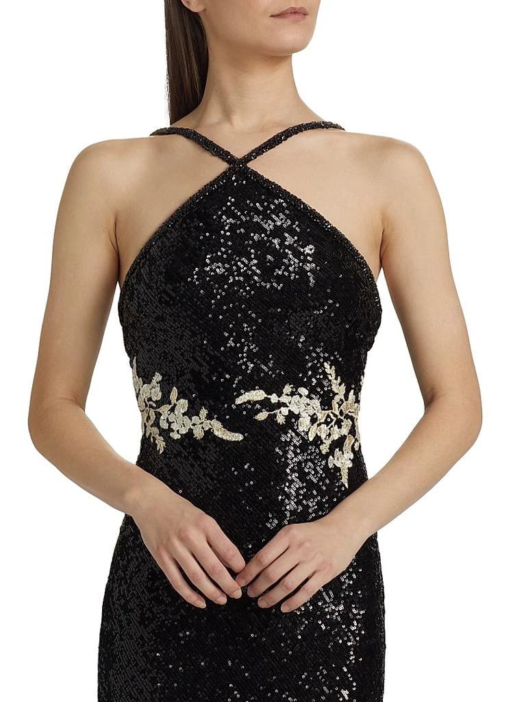 Naeem Khan Sequined Floral Appliqué Halter Gown 6