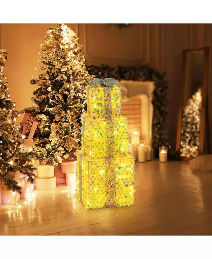 Costway 3 PCS Christmas Lighted Gift Boxes with 90 LED Lights Zip Ties Ground Stakes 6