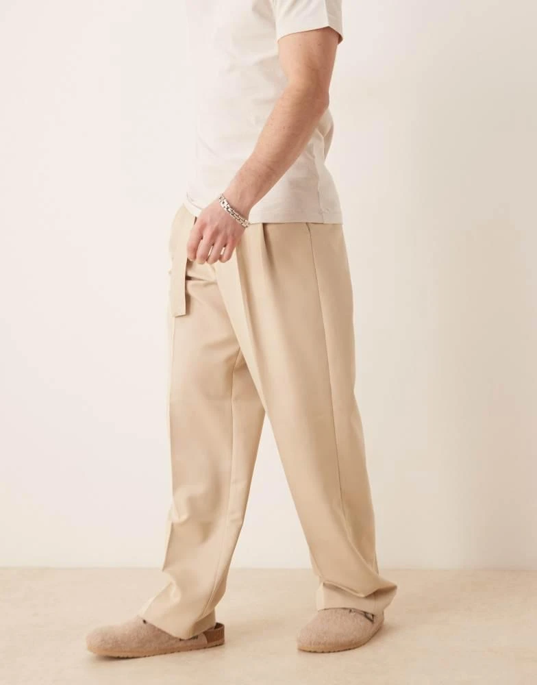 ASOS ASOS DESIGN smart belted wide leg trousers with front double pleats in beige 3
