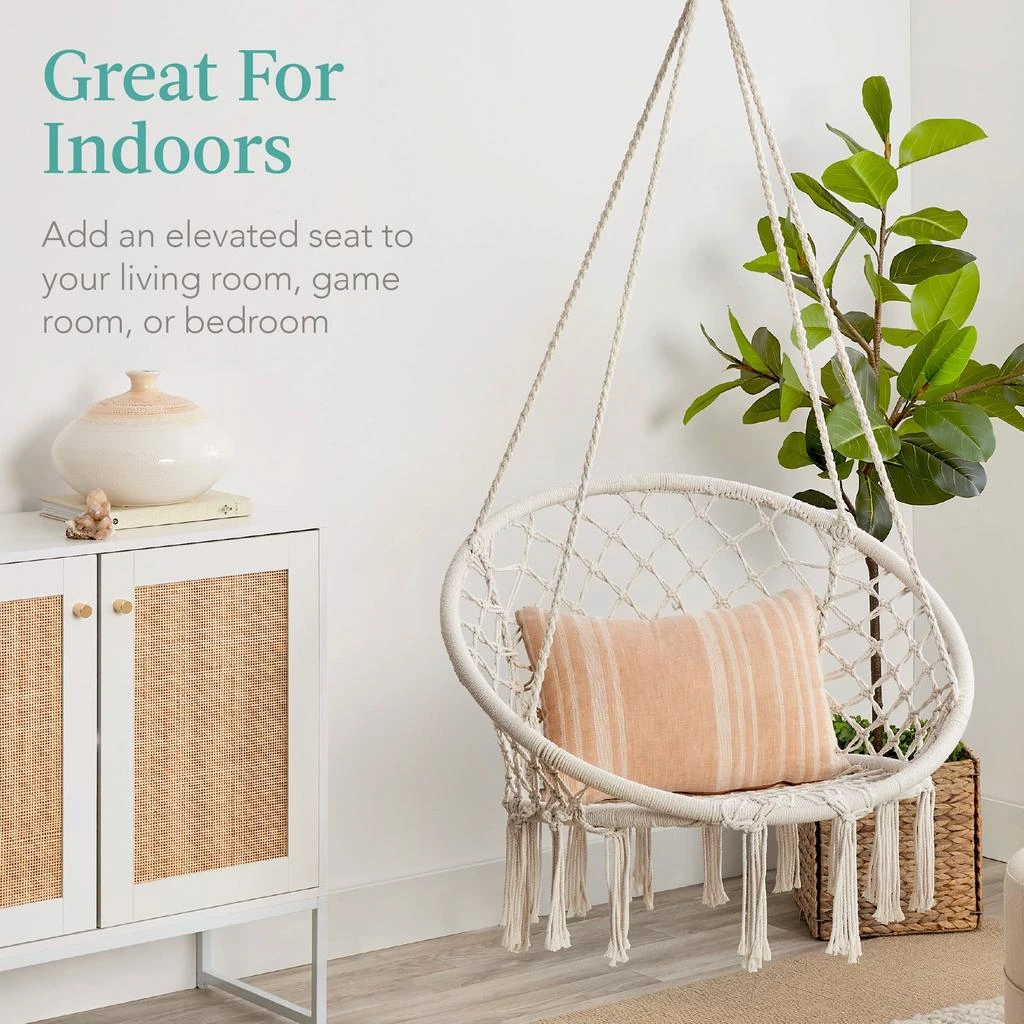 Best Choice Products Handwoven Cotton Macramé Hammock Hanging Chair Swing for Indoor & Outdoor Use w/ Backrest 2