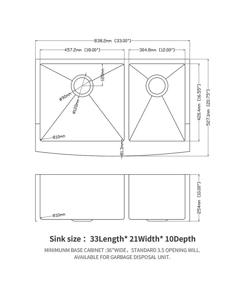 Flynama 33x21x10 Inch Double Bowl 60 and 40 Farmhouse Apron Front Kitchen Sink 16 Gauge T304 Stainless Steel With Two 10 Inch Deep Basin 8