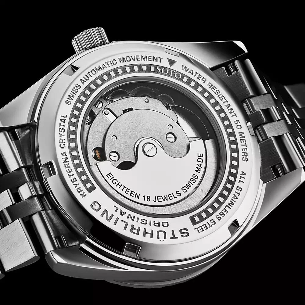 Stuhrling Datemaster II Men s Swiss Automatic 42mm Stainless Steel Watch, Black Dial, Fluted Bezel, Day & Date, 100M Water Resistant 3