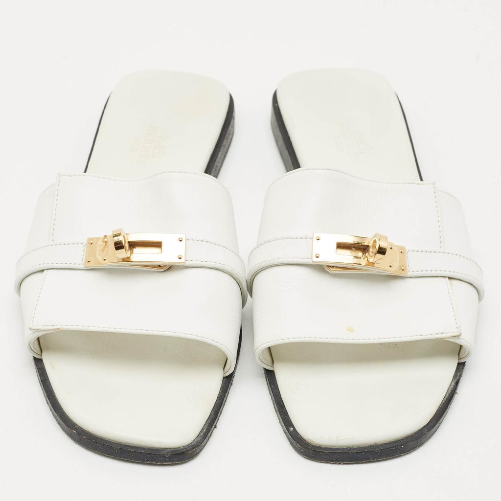 HERMES ジュリア38.5 Hermes Hermès White Leather Giulia Flat Sandals Size 38.5 - Shoes