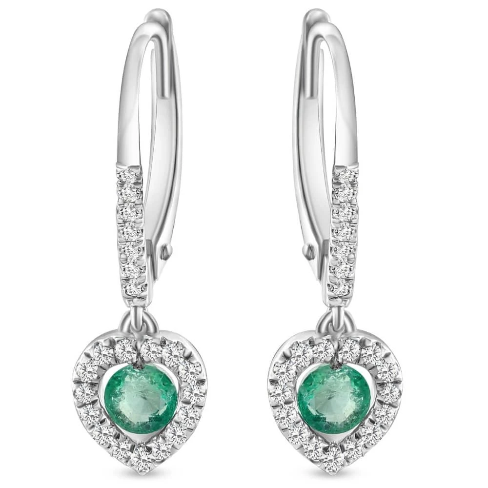 Pompeii3 5/8Ct TW Emerald Lever Back Dangle Hoops White Gold Heart Earrings 3/4" Tall