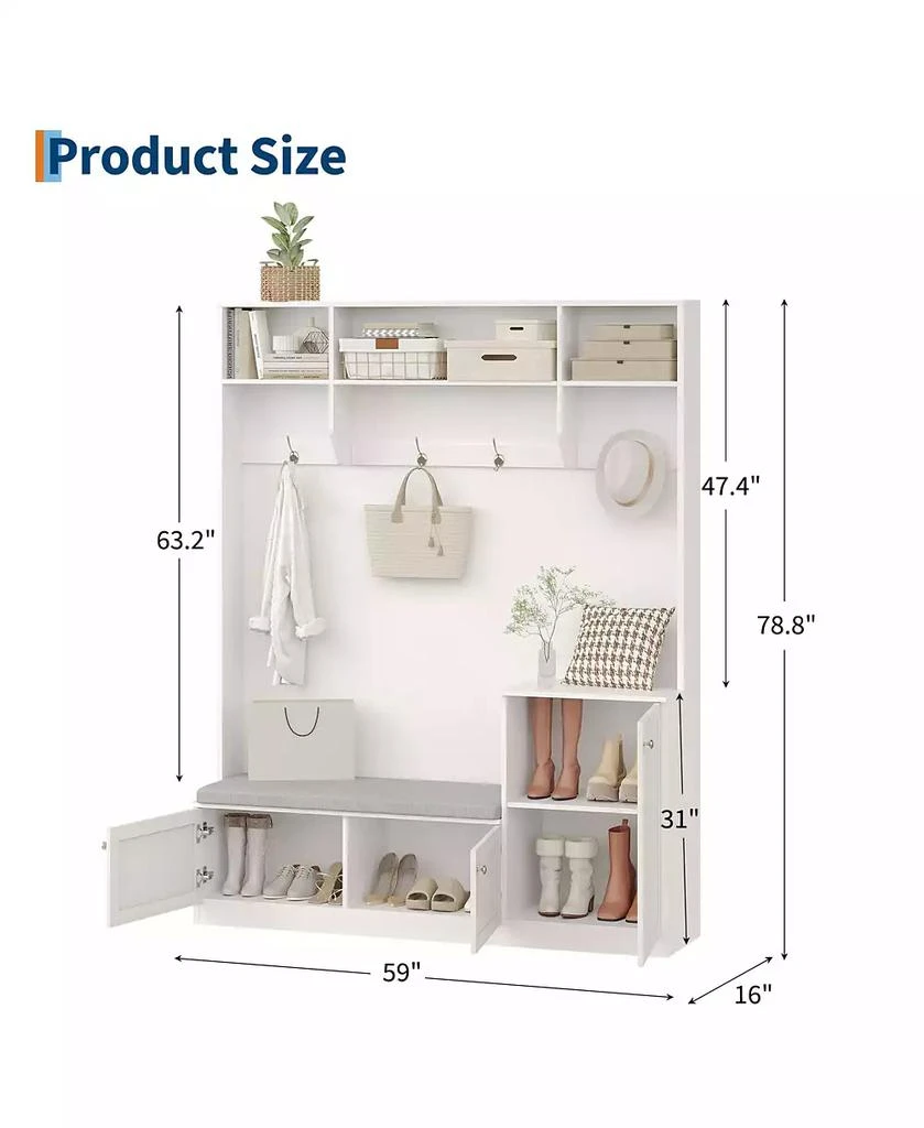 gaomon Hall Tree with Bench and Shoe Storage, 3-in-1 Farmhouse Entryway Bench with Coat Rack, 4 Hooks, 4 Shoe Cubbies 
3 Open Compartments 2