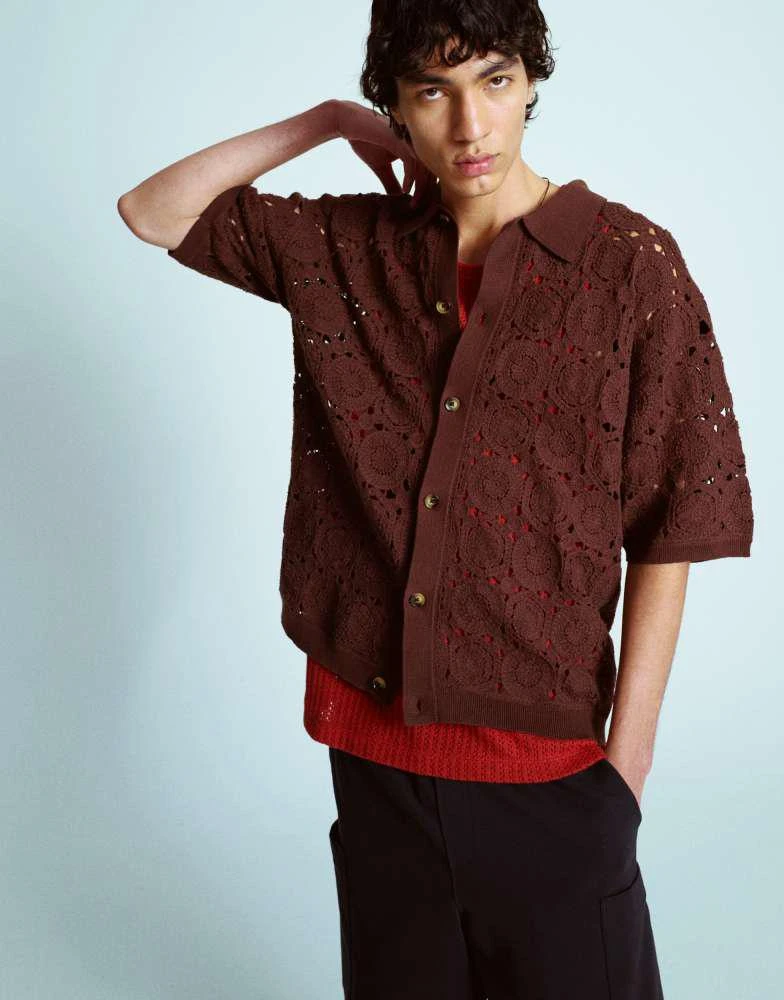 Topman Topman relaxed floral crochet shirt in brown 3