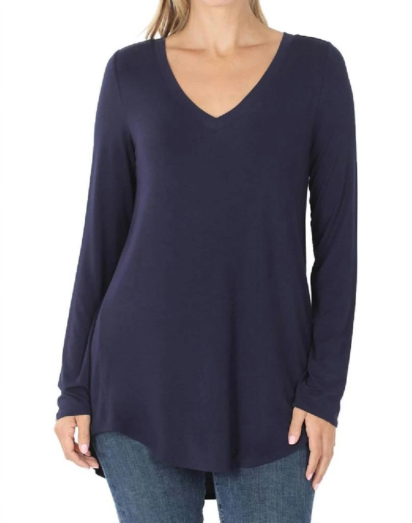 ZENANA V-Neck Dolphin Hem Top In Navy 1