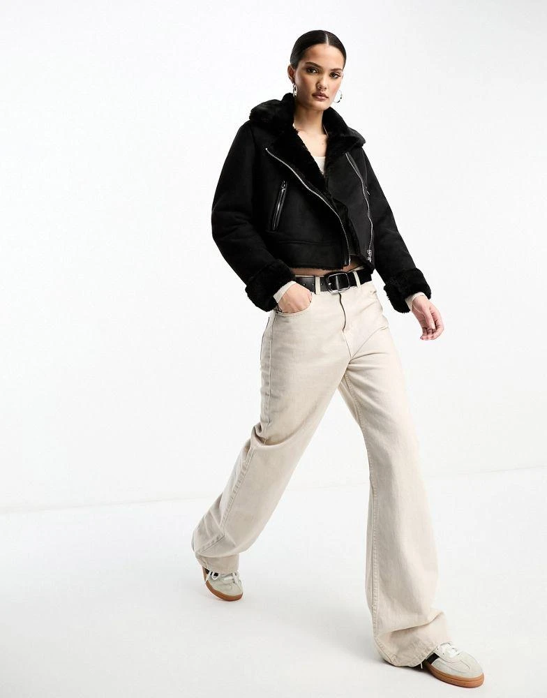 Stradivarius Stradivarius cropped aviator jacket in black 4